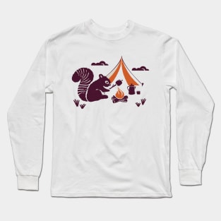 Retro Vintage Camping Site With Squirrel Making Smores Graphic Illustration Long Sleeve T-Shirt